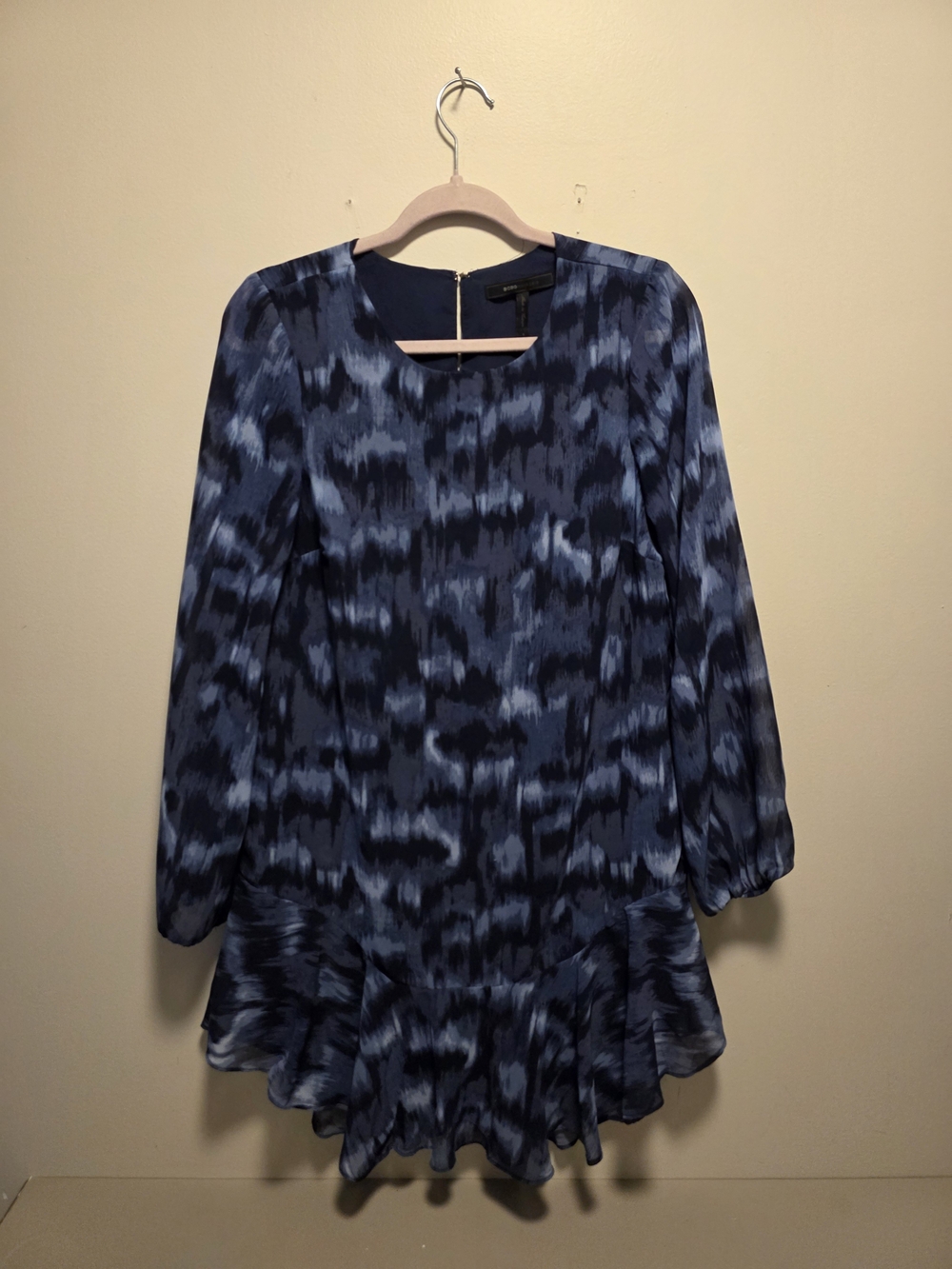 BCBG Blue Patterned Long Sleeve Ruffle Hem Dress